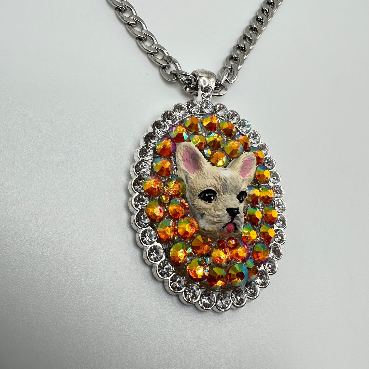 Frenchie in Sunset Iridescent Orange Rhinestones Necklace