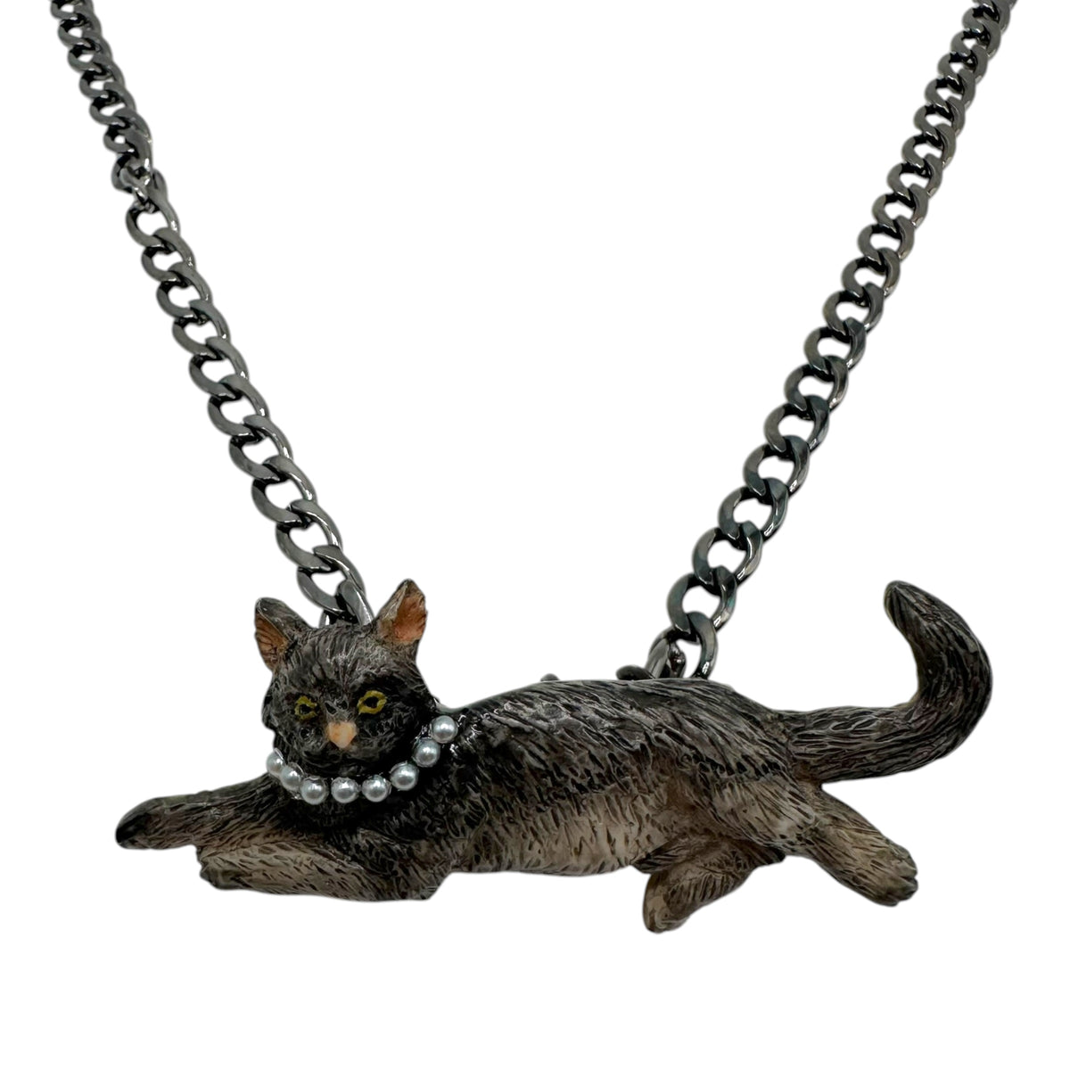 Vintage Kitty in Pearls Chain Necklace