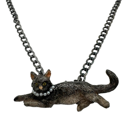Vintage Kitty in Pearls Chain Necklace