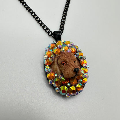 Brown Pup in Orange Iridescence Necklace