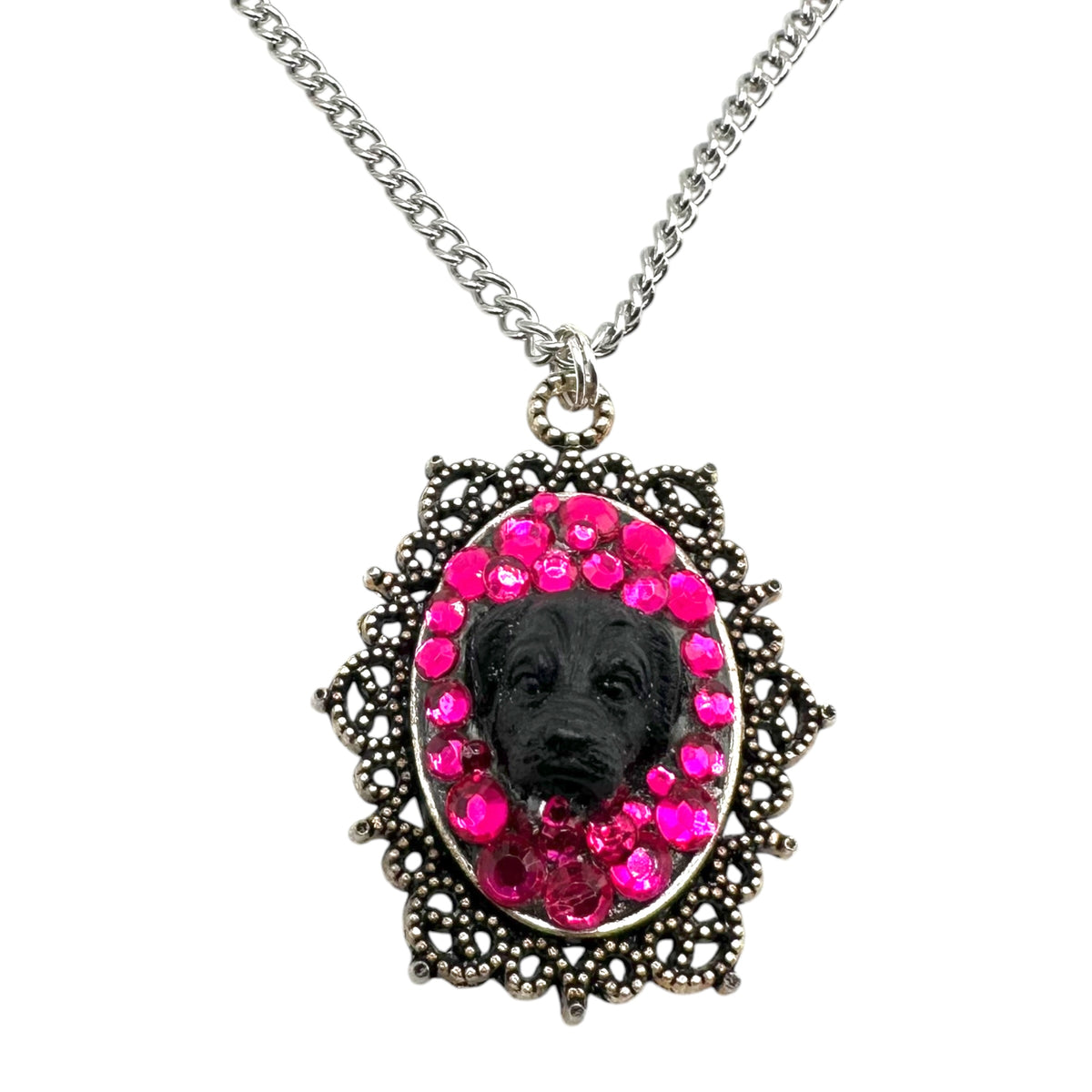 Black Lab in Hot Pink Rhinestones Necklace
