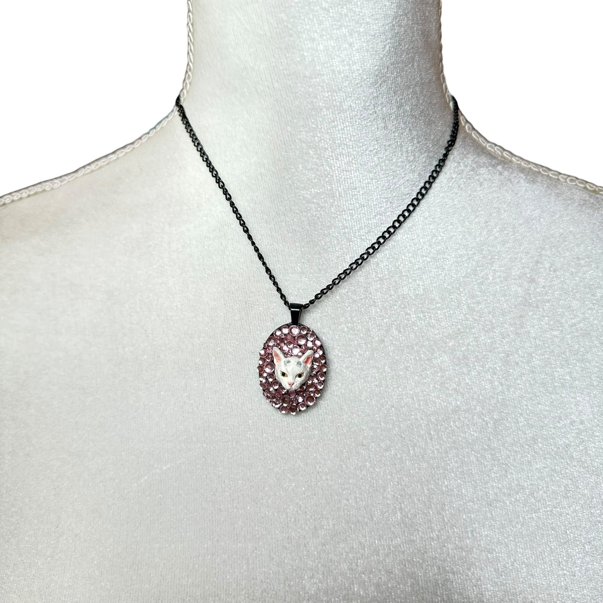 White Kitty in Pink Rhinestones Necklace