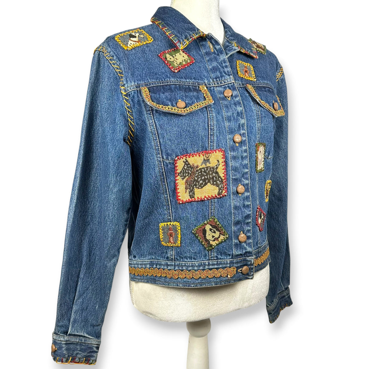 Vintage Handmade Embroidered Dog Themed Denim Jacket