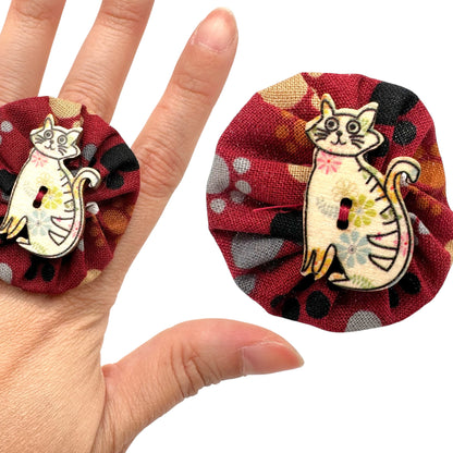 Fabric Swirl Kitty Cat Adjustable Ring - Burgundy