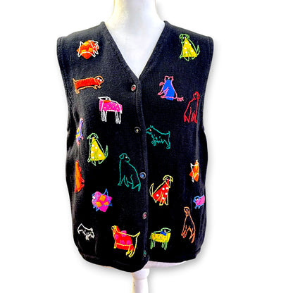 Colorful Dogs at Play Knit Vintage Vest Sz L