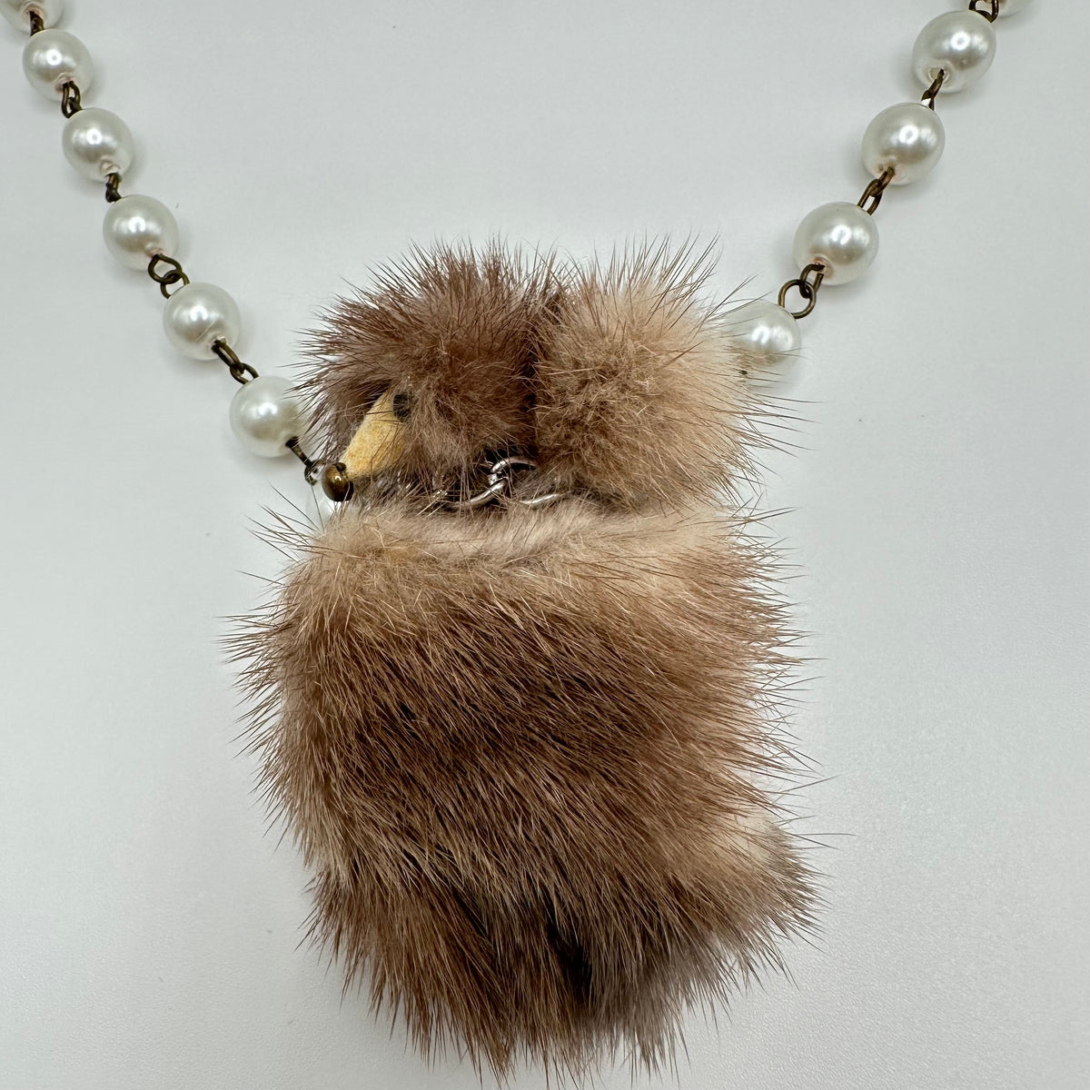 Vintage Mink Fur Poodle Pearl Necklace