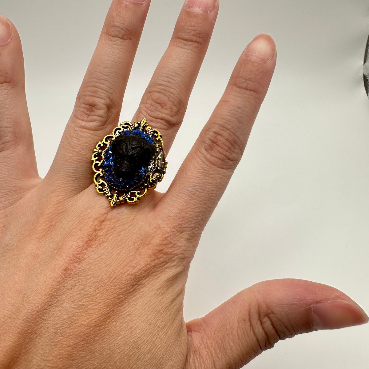 Black Dog in Blue Rhinestones Adjustable Ring