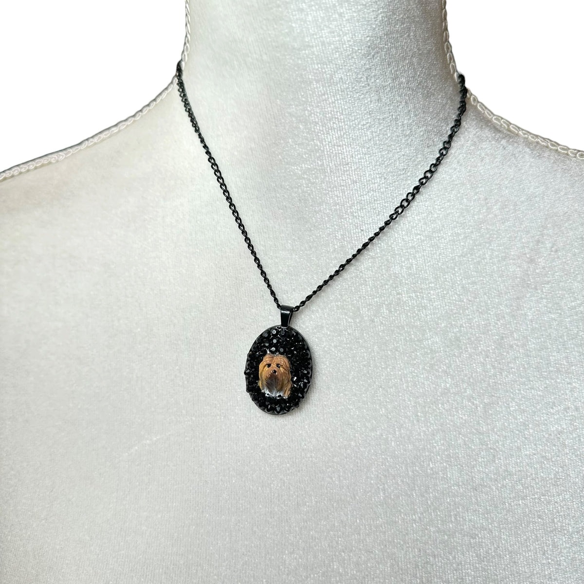 Yorkshire Terrier in Chic Black Rhinestones Necklace