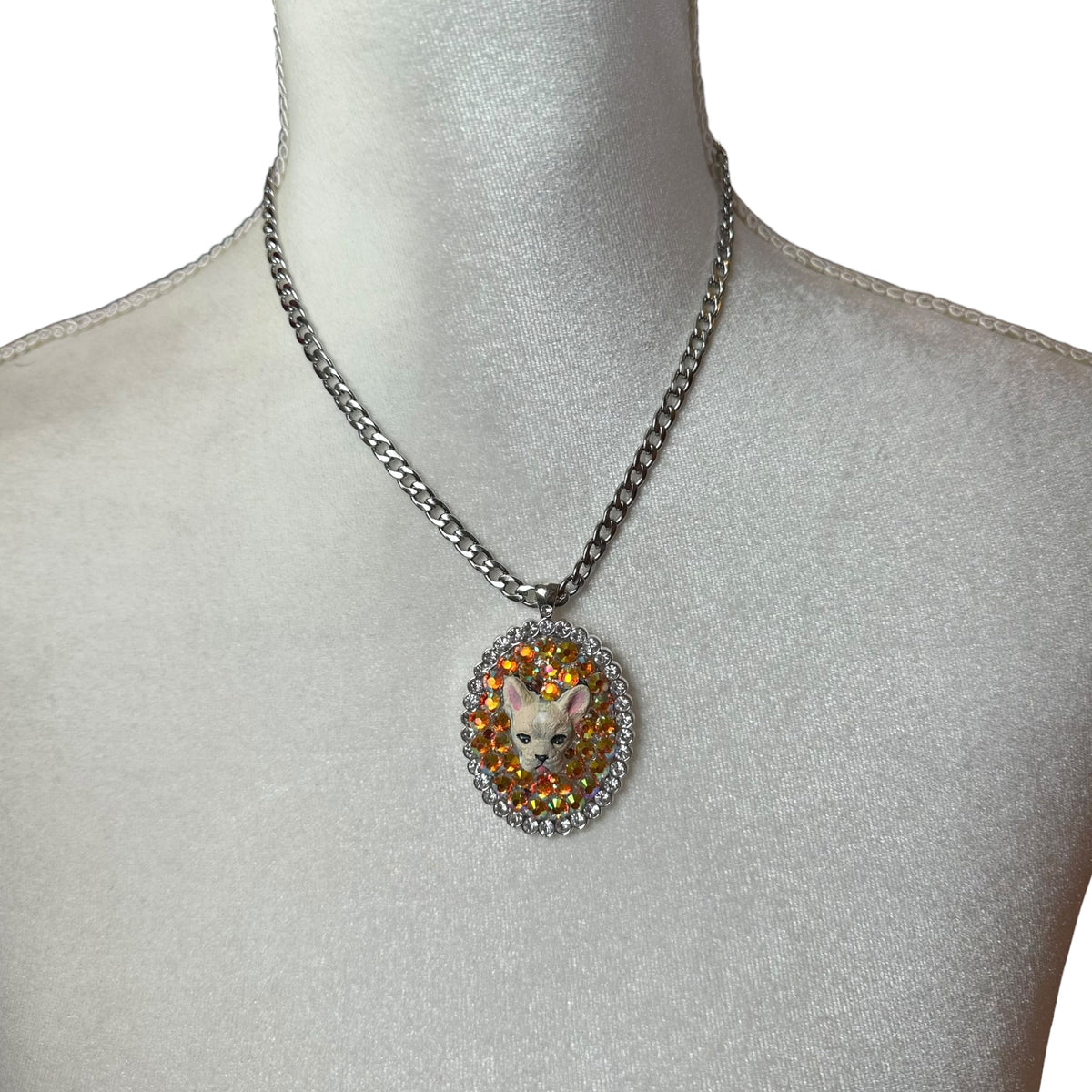 Frenchie in Sunset Iridescent Orange Rhinestones Necklace