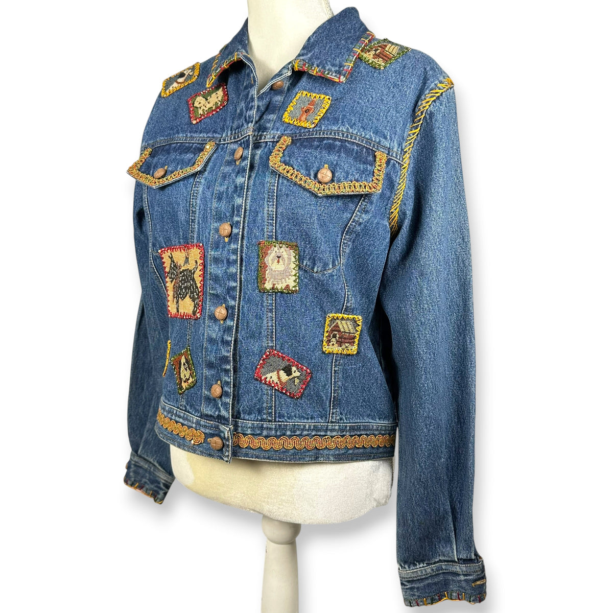 Vintage Handmade Embroidered Dog Themed Denim Jacket