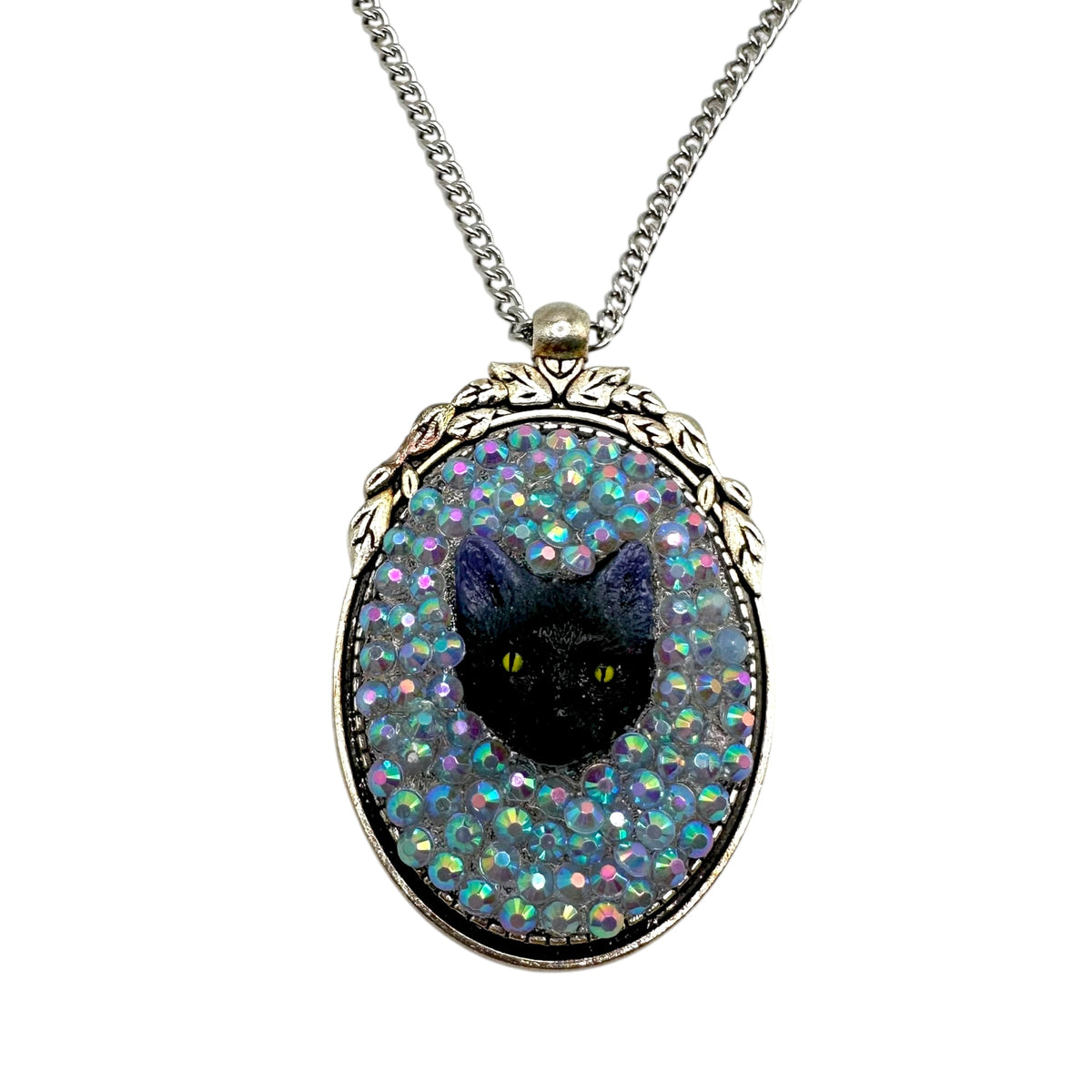 Black Cat in Iridescent Rhinestones Necklace