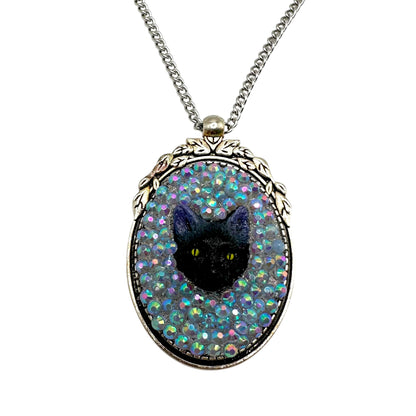 Black Cat in Iridescent Rhinestones Necklace