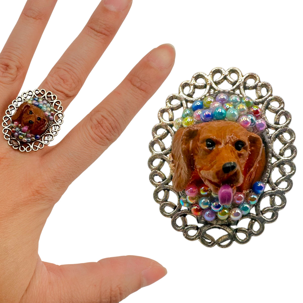 Dachshund in Multicolored Beads Adjustable Ring