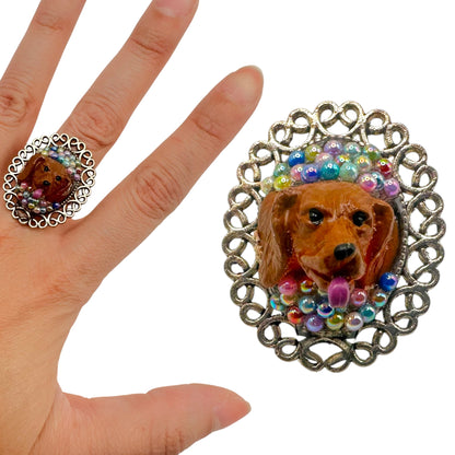 Dachshund in Multicolored Beads Adjustable Ring