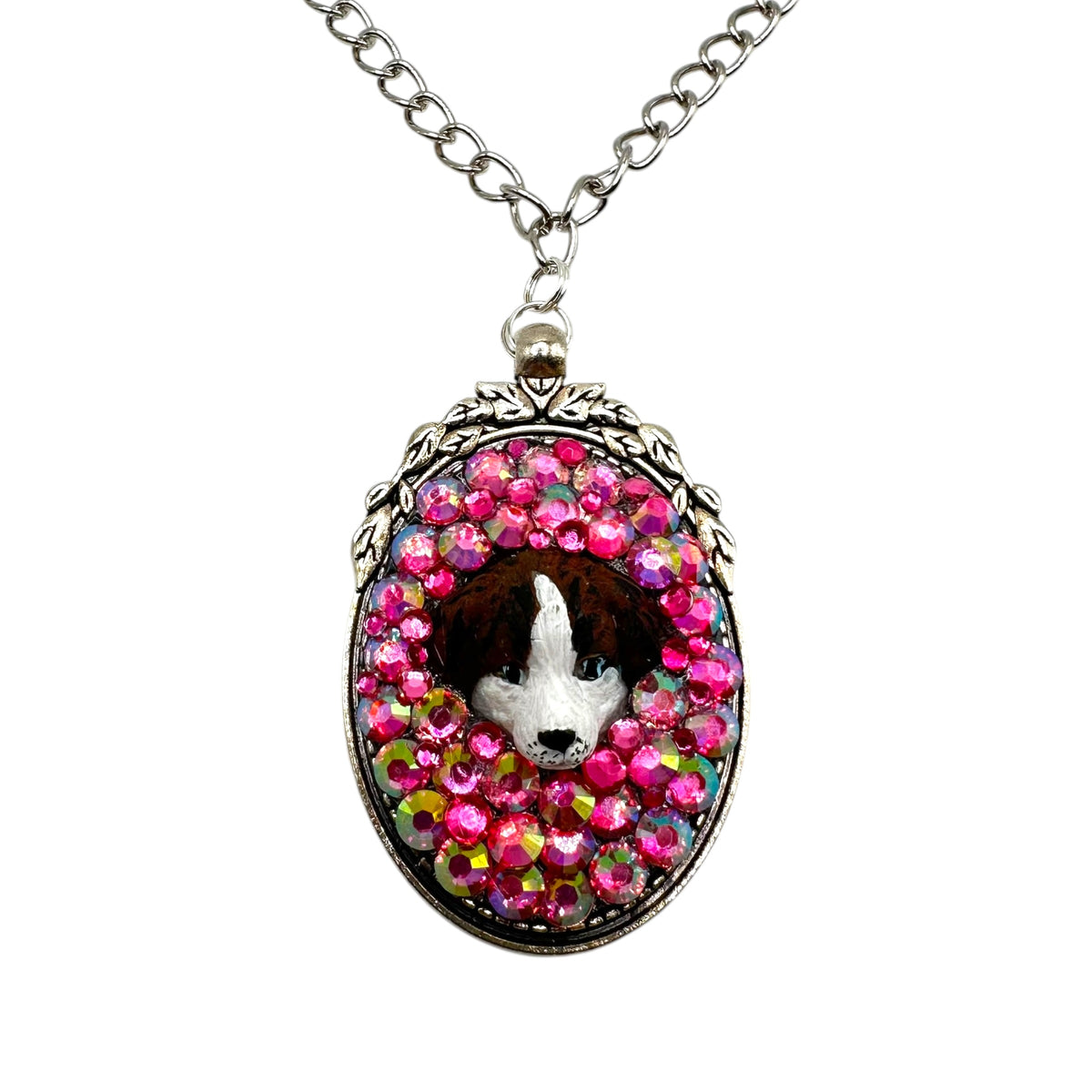 Brown and White Pup in Pink Rhinestones Necklace