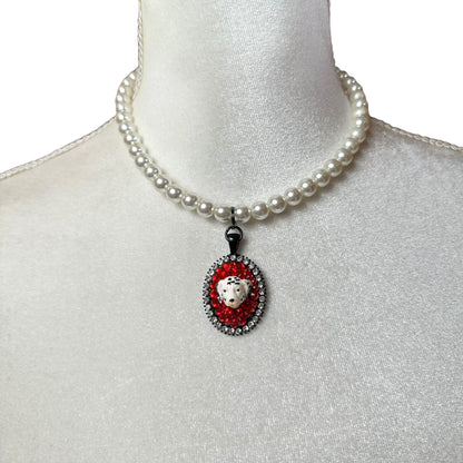 Dalmatian Red Rhinestone Pearl Necklace