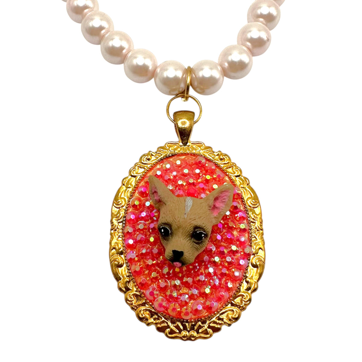 Chihuahua in Iridescent Pink Rhinestones Pearl Necklace