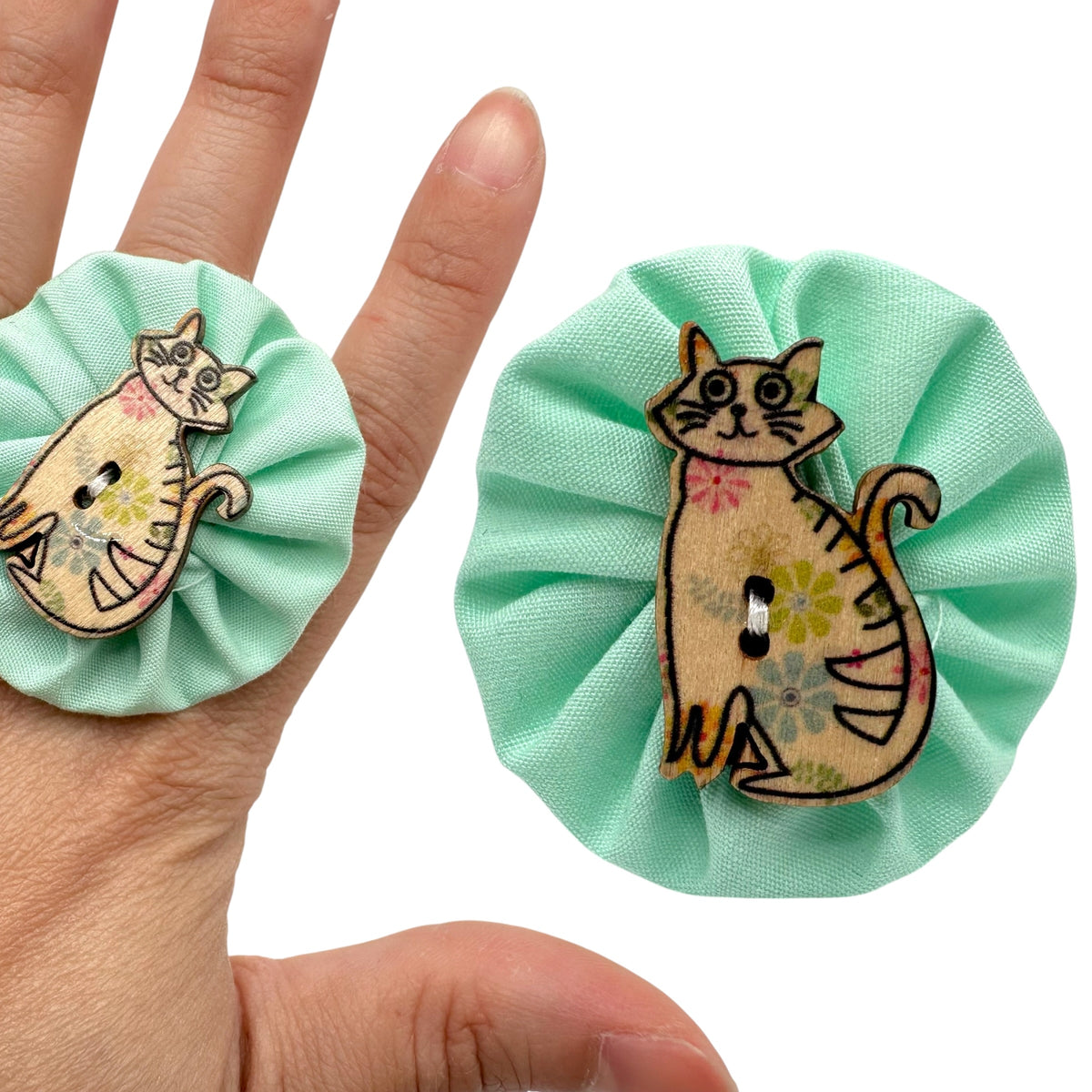 Fabric Swirl Kitty Cat Adjustable Ring - Mint Green