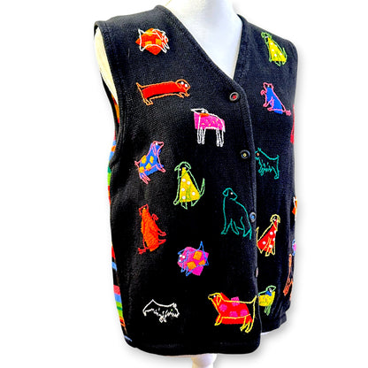 Colorful Dogs at Play Knit Vintage Vest Sz L