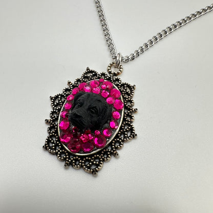 Black Lab in Hot Pink Rhinestones Necklace