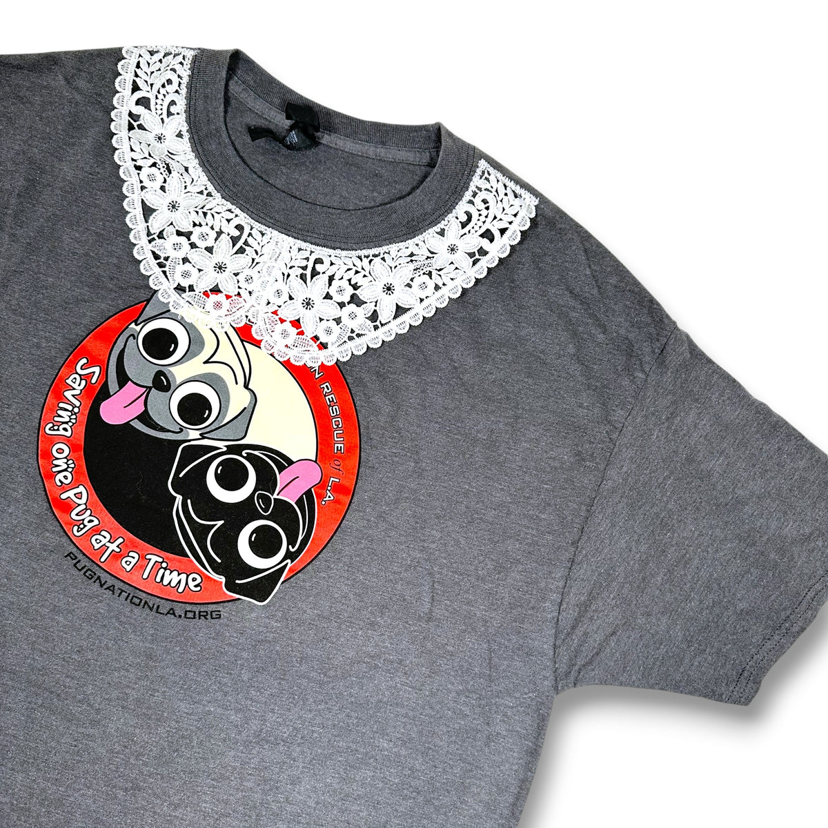 Ying and Yang Pugs Grey Tee with Lace Collar