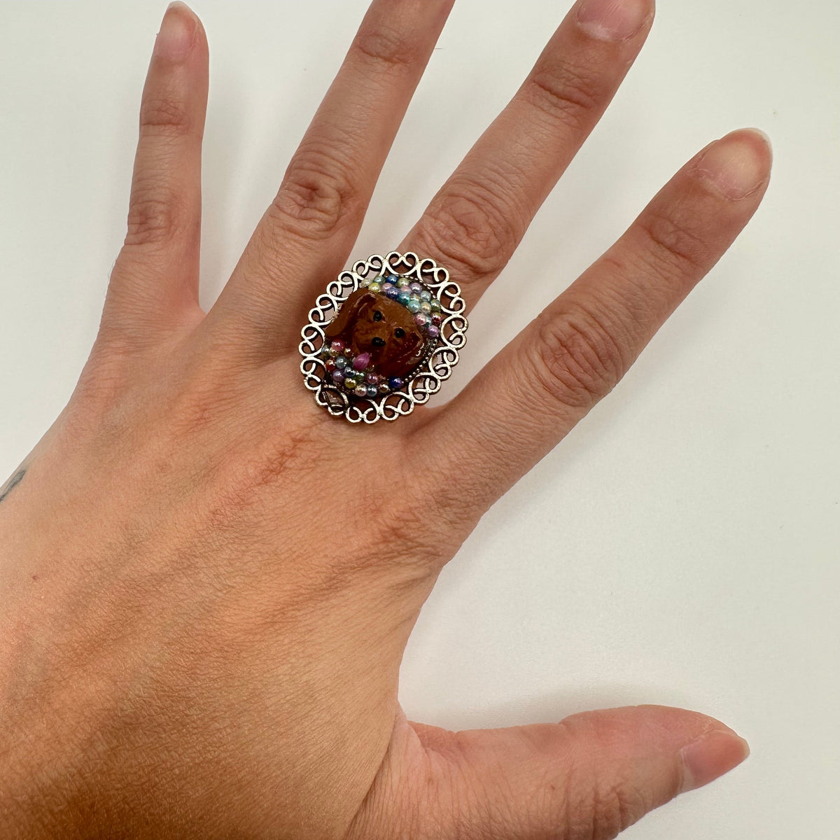 Dachshund in Multicolored Beads Adjustable Ring