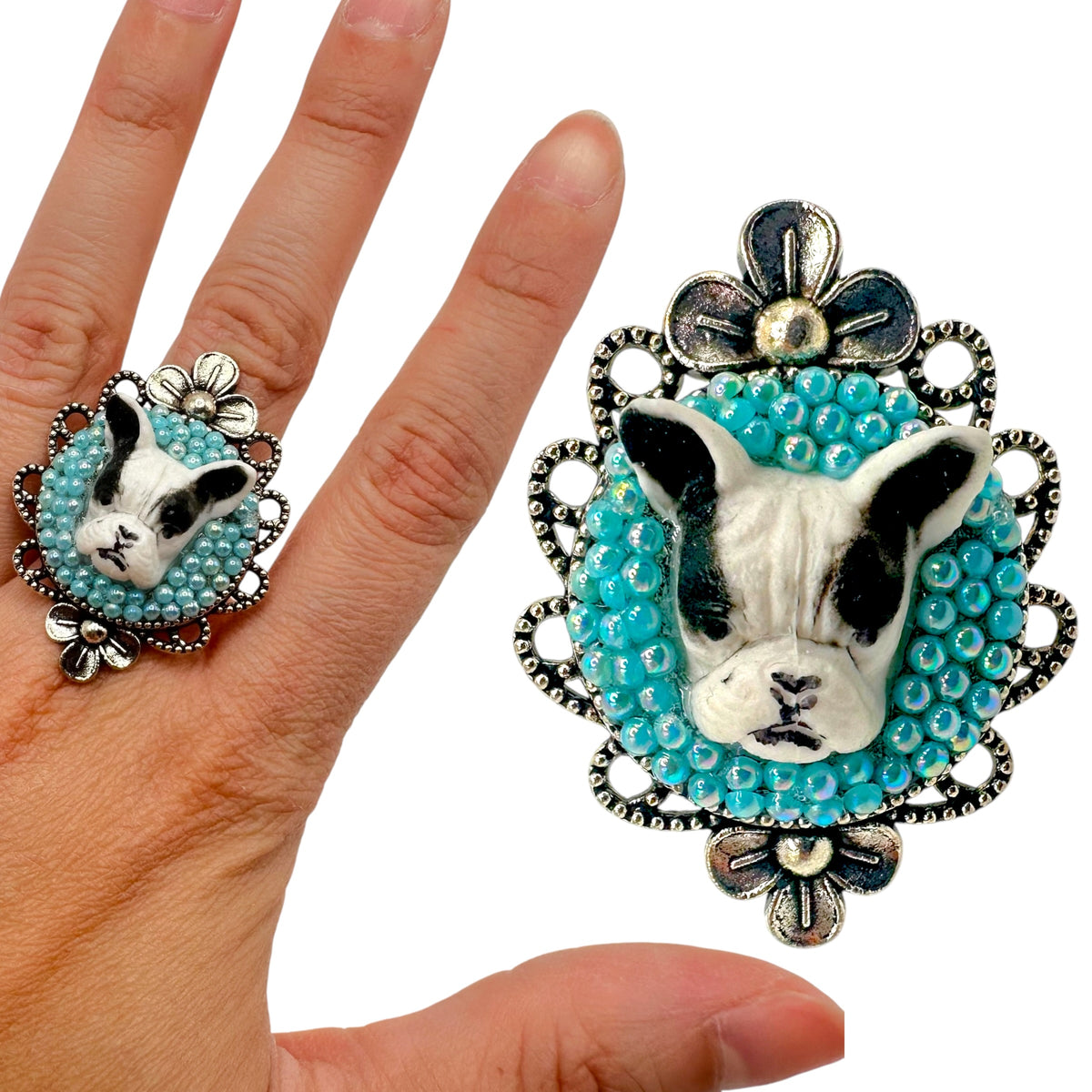 Frenchie in Turquoise Adjustable Ring