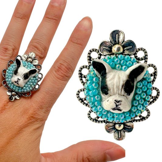 Frenchie in Turquoise Adjustable Ring