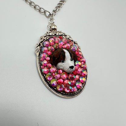 Brown and White Pup in Pink Rhinestones Necklace