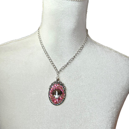 Brown and White Pup in Pink Rhinestones Necklace