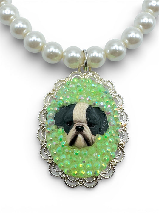 Sea Foam Green Bulldog Bedazzling Pearl Necklace